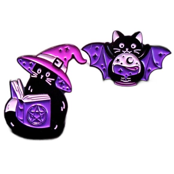 2x Cute Witchy cat enamel Pins spooky, Halloween - Picture 1 of 3